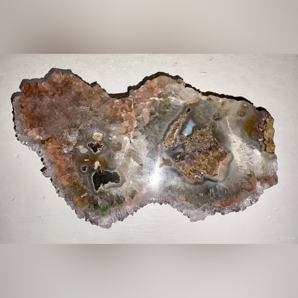 Large Crystal Cluster of Pink Chalcedony and Smoky Quartz Geode Slab